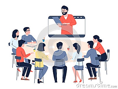 Online planning meeting with boss, morning office chat. Managers video call, remote work or web training. Business team Vector Illustration