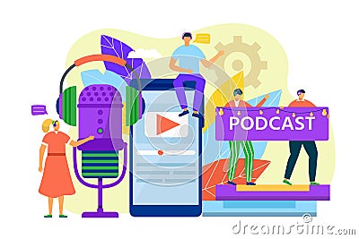 Online podcast with radio microphone, audio technology at smartphone vector illustration. People voice communication at Vector Illustration