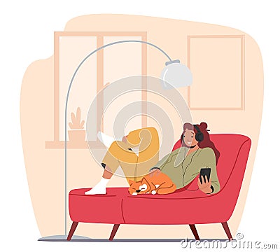 Online Podcasting, Radio Show Broadcasting Concept with Female Character Listen Audio Podcast. Woman Sitting with Phone Vector Illustration