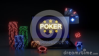 Online Poker Gambling Concept With Glowing Neon Lights, Poker Cards and Poker Chips Isolated On The Black Background - 3D Illustra Stock Photo
