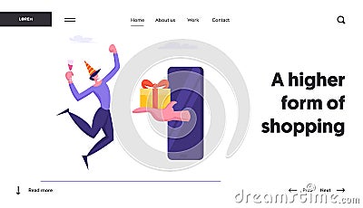 Online Present for Client Website Landing Page. Cheerful Man in Festive Hat Holding Champagne Glass Rejoice Vector Illustration