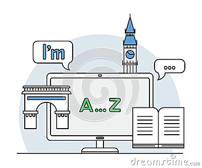 Online Profession with Learning Platform for English Language Study and Computer Interface Display Line Vector Vector Illustration
