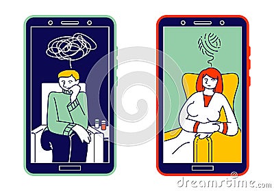 Online Psychological Consulting Concept. Depressed Man and Woman with Tangled Thoughts on Smartphone Vector Illustration