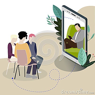 Online psychologist talks to group of patients Vector Illustration