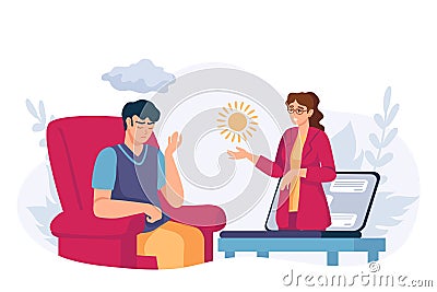 Online psychology help. Virtual psychologist therapy session. Depressed man get mental support from therapist by video Vector Illustration