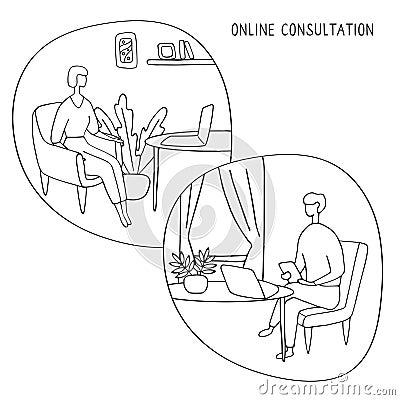 Online psychotherapy practice. Remote psychological help, psychiatrist consulting patient. Mental health care and treatment. Hand Vector Illustration