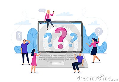 Online question answers search. Question sign on laptop computer screen, confused people asking questions vector Vector Illustration