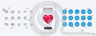 Online question, Fraud and Cursor line icons. For web app, printing. Phone mockup with 3d heart icon. Vector Stock Photo