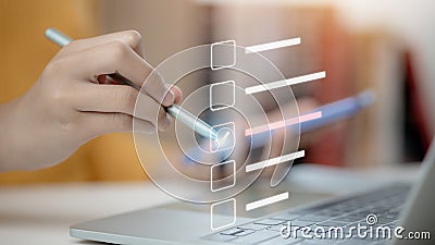 online questionnaire with checkboxes, filling survey form on internet, questionnaire document to answer questions of test Stock Photo