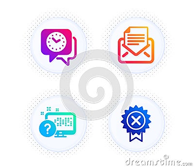 Online quiz, Clock and Mail correspondence icons set. Reject medal sign. Web support, Time, E-mail newsletter. Vector Vector Illustration