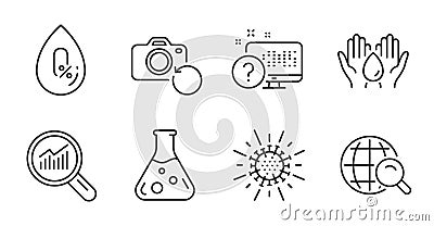 Online quiz, No alcohol and Coronavirus icons set. Recovery photo, Safe water and Chemistry lab signs. Vector Vector Illustration