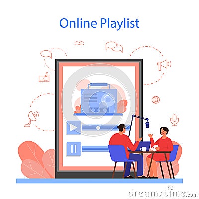Online radio playlist platform. DJ playing music. Idea of news Vector Illustration