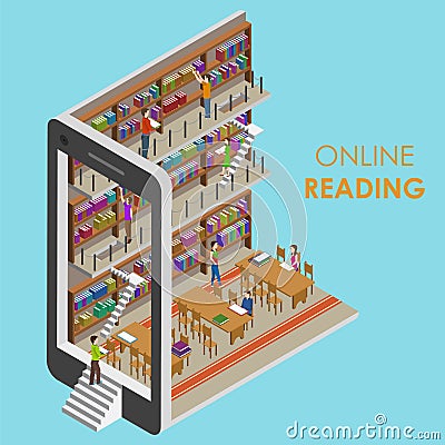 Online Reading Conceptual Isometric Illustration. Vector Illustration