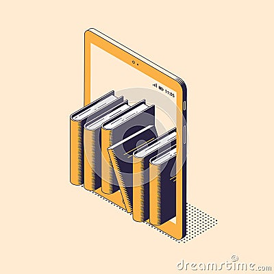 Online reading or education isometric vector illustration - stack of paper books standing inside of digital tablet. Vector Illustration
