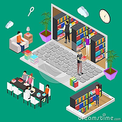 Online Reading Isometric View. Vector Vector Illustration