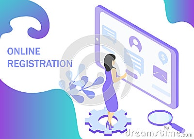 Online registration in purple colors. Registration form in internet. Use for web banner, infographics, reports. Isometric Vector Illustration