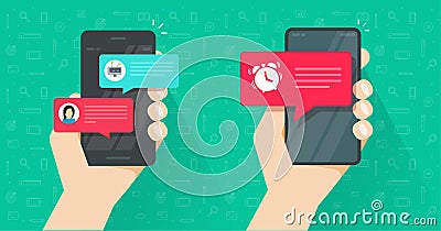 Online reminder important alarm clock notice on mobile cell phone and chat with chatbot messages text notifications on Vector Illustration