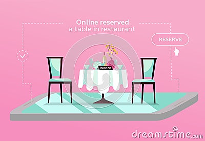 Online reserved table in cafe. Concept Reserved in restaurant. Flat restaurant table on smartphone. online mobile reservation app Cartoon Illustration