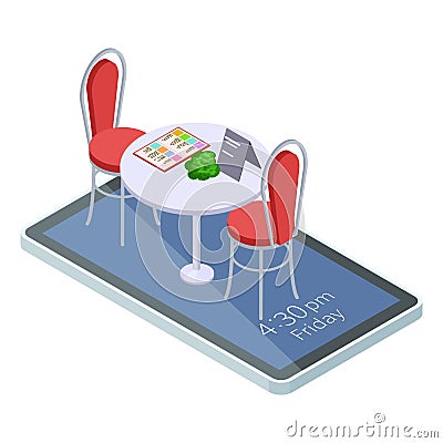 Online reserved table in cafe or restaurant with mobile app isometric concept Vector Illustration