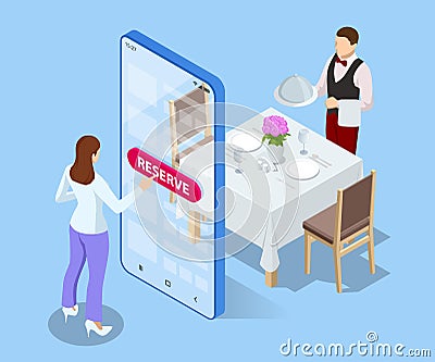 Online reserved table in restaurant. Concept Reserved in cafe. Isometric concept of table online reservation, mobile Vector Illustration