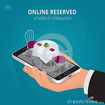Online reserved table in restaurant. Concept Reserved in cafe. Flat 3d isometric vector illustration. Vector Illustration