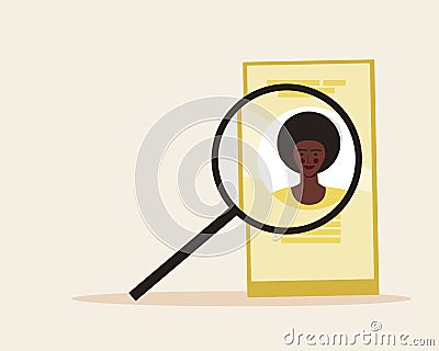 Online resume of afro worker, Flat with stock illustration Phone with internet vacancy Online job search concept Cartoon Illustration