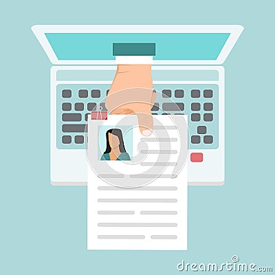 Online resume vector illustration. Business concept of online recruitment. Cv of candidate on laptop screen. Vector Illustration