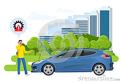 Online roadside assistance. Automobile repair service, Road accident, Car trouble. Broken Car and Emergency Services. Vector Illustration