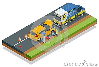 Online roadside assistance. Automobile repair service, Road accident, Car trouble. Broken Car and Emergency Services. Vector Illustration