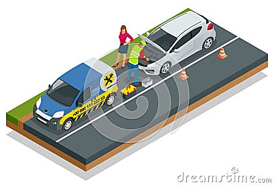 Online roadside assistance. Automobile repair service, Road accident, Car trouble. Broken Car and Emergency Services. Vector Illustration