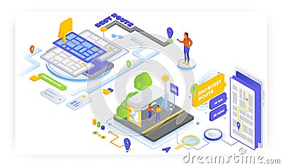 Online route planner. Find the shortest and the best route on mobile, vector isometric illustration. Road trip planning. Vector Illustration