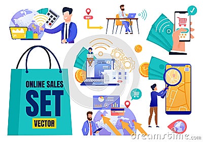 Online Sales Flat Set Vector with Cartoon People Vector Illustration