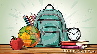 Online School Banner. Yellow Backpack and Scientific Icons on Checkered Paper Background Stock Photo