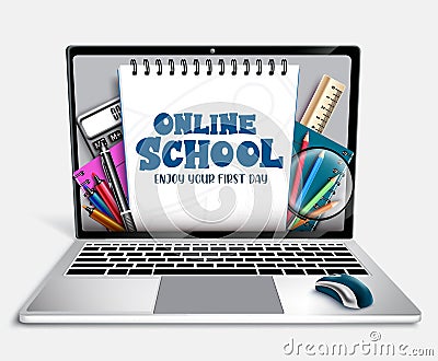 Online school e-learning vector concept design. Online school text in laptop device with notepad, mouse and ballpen elements. Vector Illustration