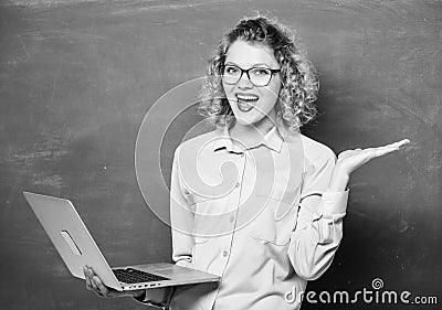 Online school. Teaching online course. Study online. Teacher notebook chalkboard background. Woman surfing internet Stock Photo