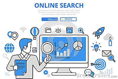 Online search results SEO concept flat line art vector icons Vector Illustration