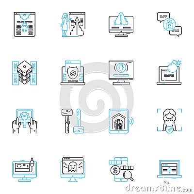 Online security linear icons set. Encryption, Firewall, VPN, Malware, Cybercrime, Phishing, Two-factor line vector and Vector Illustration