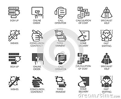 Online service buttons in line and glyph designs. Call operator, home delivery, specialist, cost calculation icons Vector Illustration