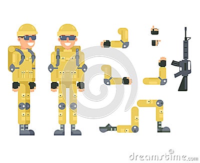 Online shooter gamer soldier immersion virtual reality living room battlefield flat design character vector illustration Vector Illustration