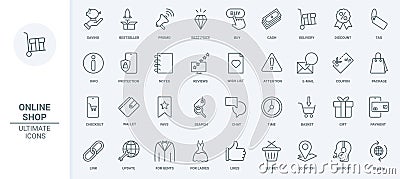 Online shop, commerce thin line icons set, coupon for gifts and discounts tag, savings Vector Illustration