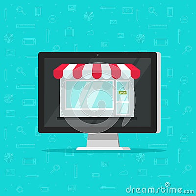 Online shop on computer vector illustration, e-commerce store, internet shop , flat cartoon laptop as ecommerce Vector Illustration