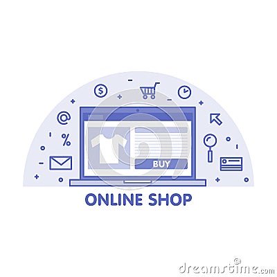 Online shop concept line illustration. Laptop with web page screen and linear icon Cartoon Illustration