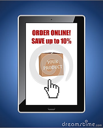 Online shop discount web banner with tablet pc. Vector Illustration