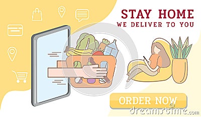 Grocery online shop order. Online store delivery.New Normal lifestyle.Stay home, we deliver. Vector Illustration