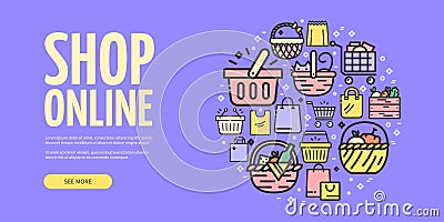Online Shop Horizontal Placard Poster Banner Card Template. Vector Vector Illustration
