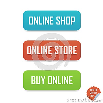 Online shop, online store and buy online buttons. Isolated buttons for website or mobile application. Stock Photo