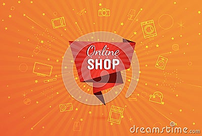 Online Shop origami banner with icons of household appliances, on radial rays background. Vector Vector Illustration