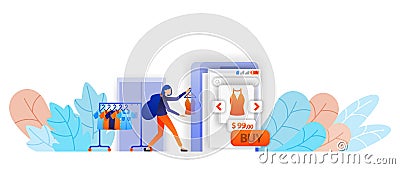 Online shop sellers display clothes on mobile e-commerce. shopping is easier with an online shop. vector illustration concept Vector Illustration