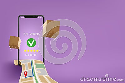 Online shop. Smartphone application. Order delivery. 3D package box. Fast free service in phone. Digital app for sell Vector Illustration