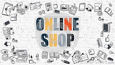 Online Shop on White Brick Wall. Stock Photo
